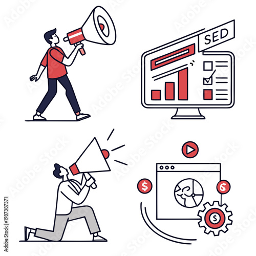 A person announces important information through a megaphone alongside data visualizations and digital marketing elements high quality professional detailed modern elegant stylish