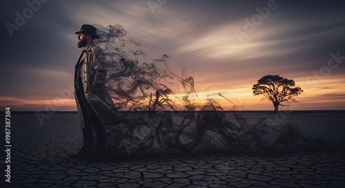 a figure slowly dissolving into smoke