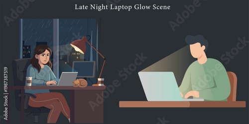 Late Night Laptop Glow Scene Flat Vector Rainy Office Desk Focused Work Illustration