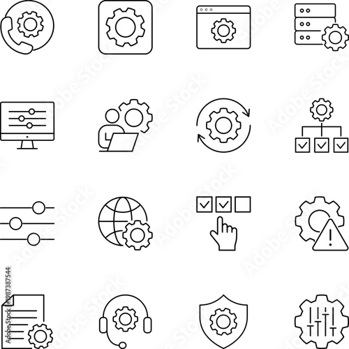 System settings configuration development support administration vector icons, gear, monitor, server, laptop, globe, shield, document, headphones