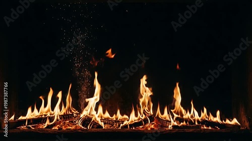 Warm Cozy Fireplace Burning with Bright Orange Flames in the Dark