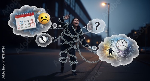 a person trying to run but tied to their own thoughts