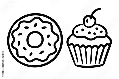 A simple black and white illustration depicts a frosted donut and a cupcake