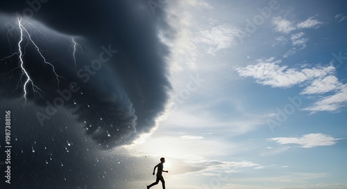 a person stepping out of a storm cloud into clear sky