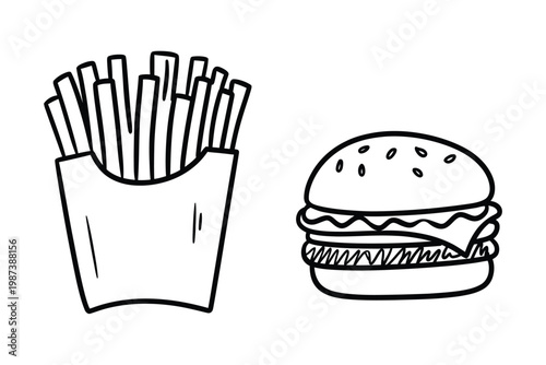 A simple black and white cartoon drawing of french fries and a hamburger