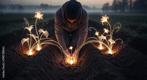 a person planting seeds that grow into light