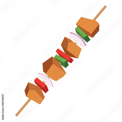 Low Poly 3D Illustration of Grilled Shish Kebab Skewer with Meat Chunks Peppers Onions and Tomatoes Isolated on White Background