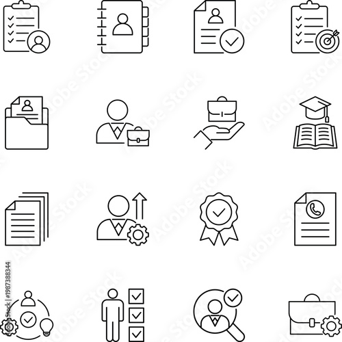 human resources management icons set, clipboard, checklist, resume, briefcase, graduation cap, book, award, folder, document, handshake