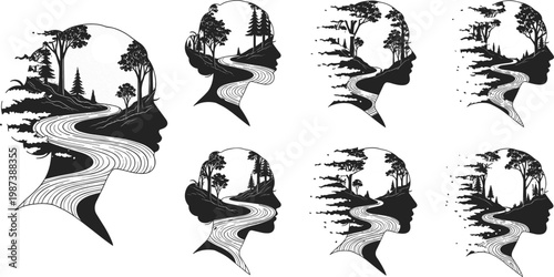Conceptual Double Exposure Vector Set of Female Silhouette Profiles Containing Nature Landscapes with Rivers and Trees Representing Mindfulness, Mental Peace, Wellness, and Environmental Connection