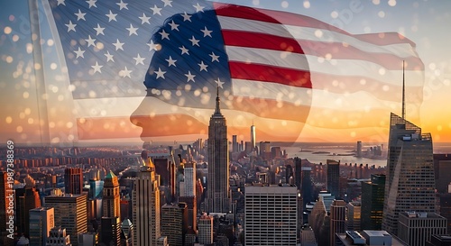 Double Exposure American Flag City Skyline Patriotic Concept