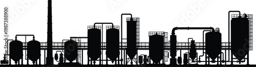 Industrial refinery plant silhouette with storage tanks and pipelines, heavy industry infrastructure, oil and gas processing, factory skyline, engineering production vector illustration