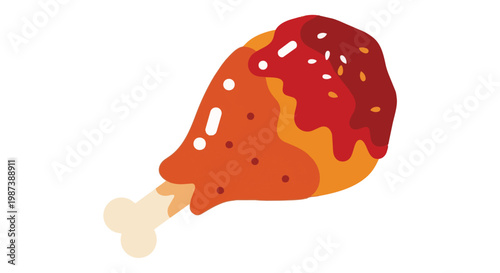 Vector illustration of a crispy fried chicken drumstick covered in red spicy sauce and sesame seeds, isolated on a white background.