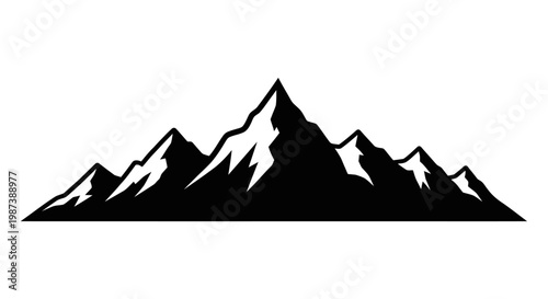 Black silhouette of rugged mountain range with snow capped peaks on white background symbolizing adventure and nature