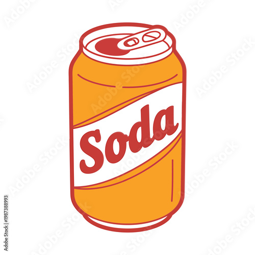 A vibrant orange soda can with a white label displaying the word soda in red
