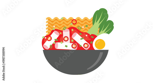 Flat vector illustration of a spicy Korean ramen bowl featuring tteokbokki rice cakes, instant noodles, a boiled egg, and bok choy isolated on a white background.