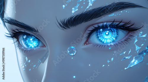 Close-up of futuristic blue eyes with digital elements and icy details