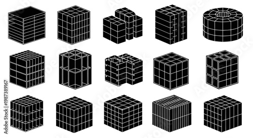 Wireframe 3d cubes and rectangular blocks in various orientations on white background for graphic design and architecture