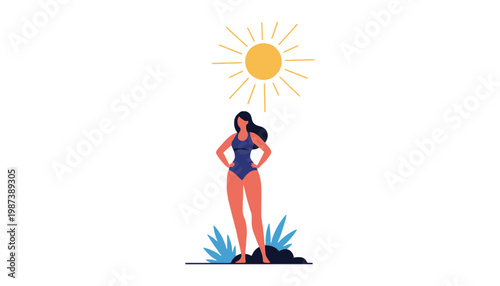 Woman in swimsuit standing under sunny sky with clouds