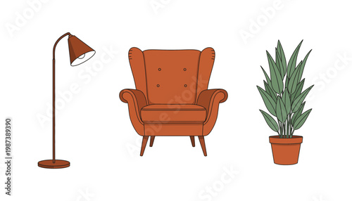 A chair, lamp, and potted plant in a cozy living room setting