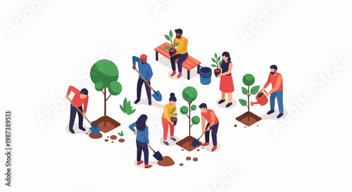Isometric Illustration of People Planting Trees for Reforestation and Environment Sustainability