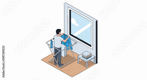 Isometric Illustration of Man Hanging Wet Laundry on Indoor Drying Rack Near Window, Vector Concept of Daily Household Chores and Domestic Lifestyle