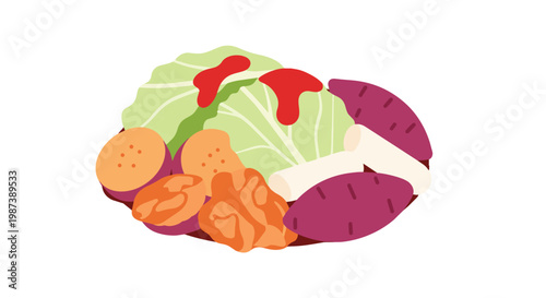 Healthy Mixed Food Plate Illustration featuring Green Lettuce with Sauce, Sliced Sweet Potatoes, Fried Nuggets, and Rice Cakes on a White Background for Diet and Nutrition Concepts