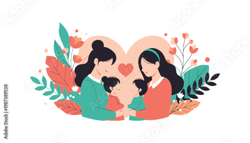 A loving lesbian couple holding their two adorable children in a heartwarming illustration