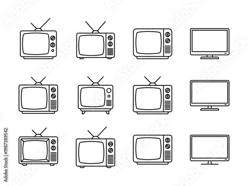 Collection of television icons featuring vintage crt sets and modern flat screen monitors television electronics broadcast technology collection entertainment communication illustration