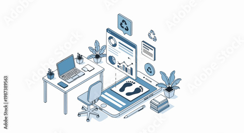 Carbon Footprint Tracking and Sustainability Dashboard Isometric Illustration with Data Analytics, Eco-Friendly Business Management and Recycling Icons