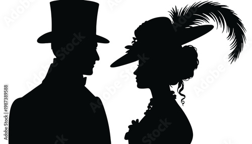 A black silhouette of a couple in vintage attire facing each other