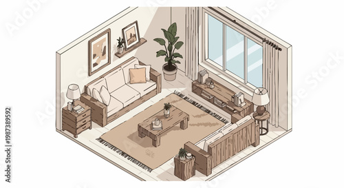 Isometric Living Room Interior Design Illustration with Wooden Furniture, Sofa, and Plants in Minimalist Sketch Style