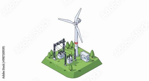 Isometric Wind Turbine and Electrical Substation Illustration for Renewable Green Energy Concept