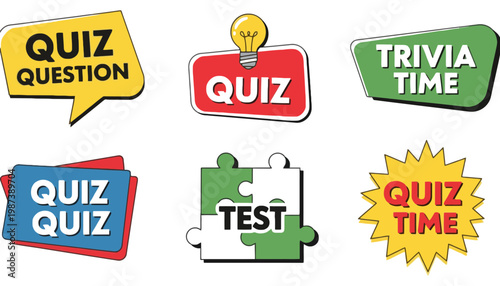Quiz vector icons and labels for trivia time and testing