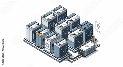Isometric 3D Battery Storage System Illustration with Recycling Unit for Renewable Energy and Green Power Management
