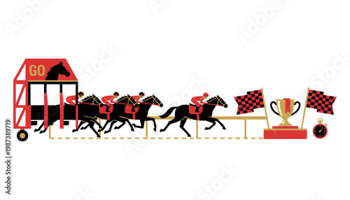 Horse racing icon illustration with jockeys and trophy
