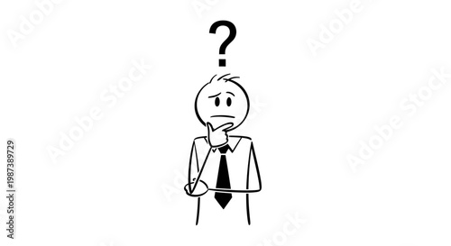 A simple line drawing of a puzzled businessman with a question mark.