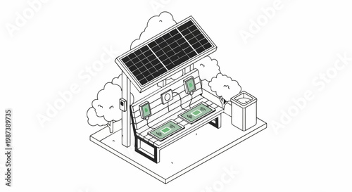 Smart Solar-Powered Park Bench with Mobile Device Charging Station, Renewable Green Energy Concept Illustration