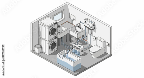 Sustainable Greywater Recycling and Filtration System Diagram in Isometric Utility Room with Washing Machine and Plumbing