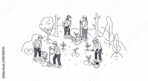 Isometric Line Art Illustration of Volunteers Planting Trees for Environmental Conservation and Sustainability