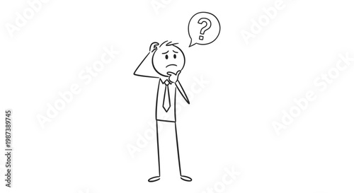 A simple line drawing of a puzzled businessman with a question mark.