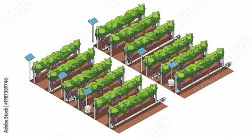 Isometric Smart Vineyard Illustration Featuring Solar-Powered Irrigation System and Precision Agriculture Technology
