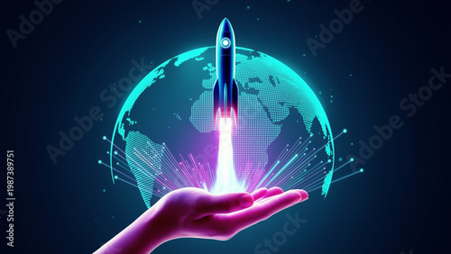 A rocket launch from a glowing hand against a digital globe, symbolizing global startup, technological innovation, and future success