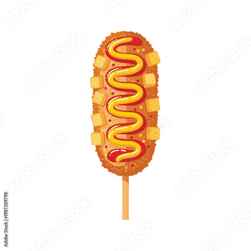 Korean Style Corn Dog with Fried Potato Cubes Ketchup and Mustard Drizzle Isolated on White Background Vector Illustration
