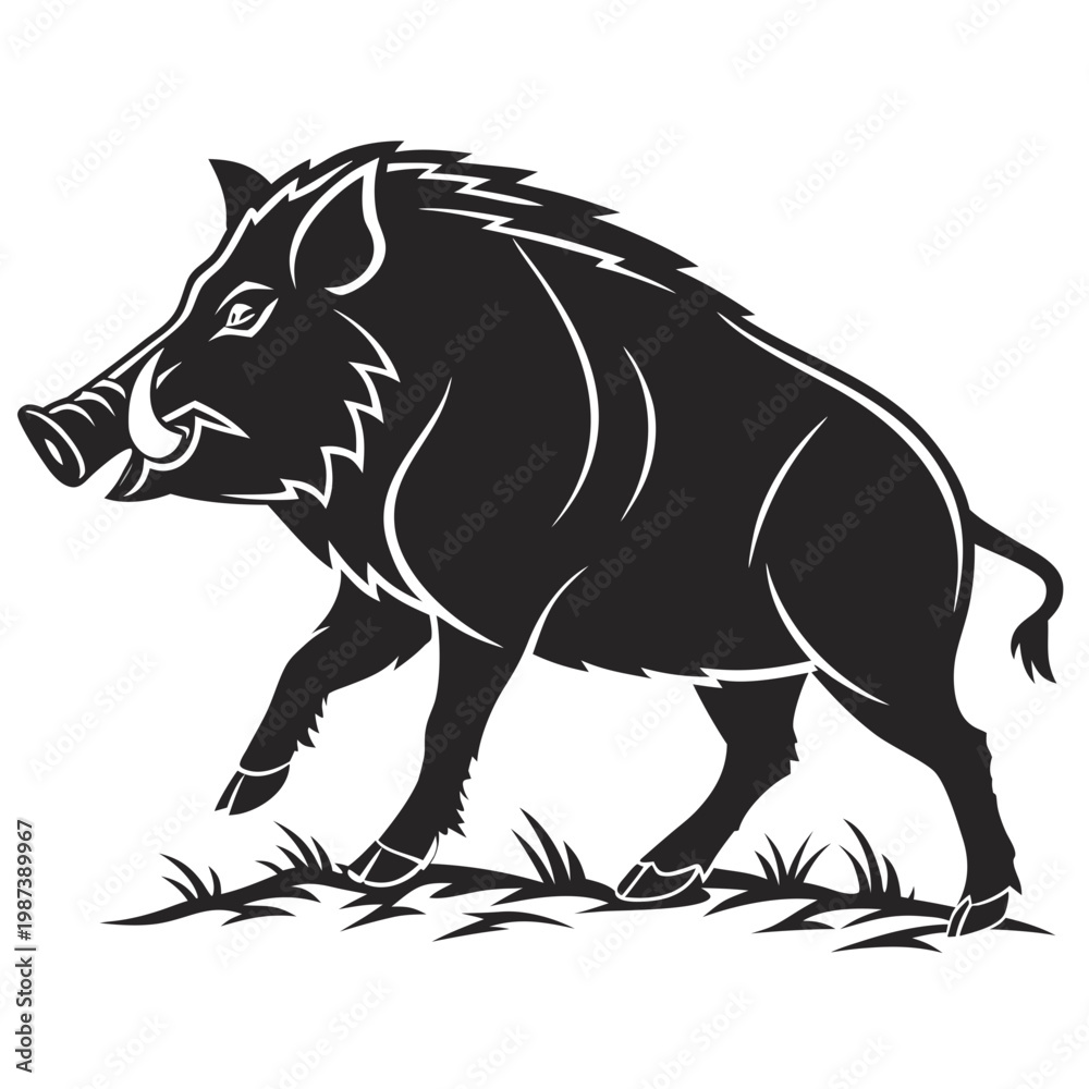 Fototapeta premium A striking black and white illustration depicts a wild boar in profile showcasing its powerful build and prominent tusks high quality professional