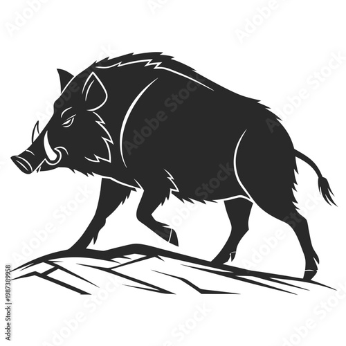 A striking black silhouette depicts a wild boar in motion showcasing its formidable tusks and bristly coat against a light background