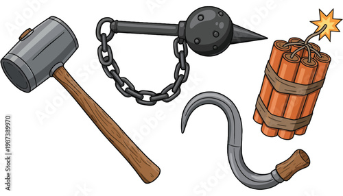 A cartoon illustration of various medieval weapons and tools on a white background