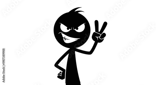 Angry cartoon character giving peace sign.