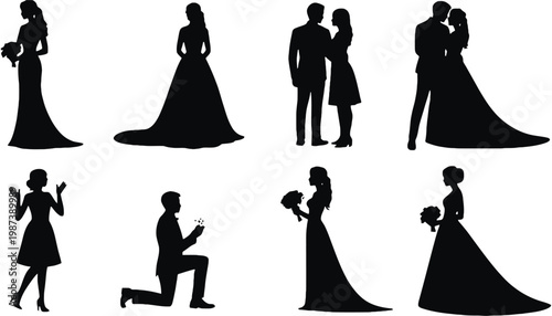 Wedding couple silhouette vector icons for romantic engagement and marriage designs