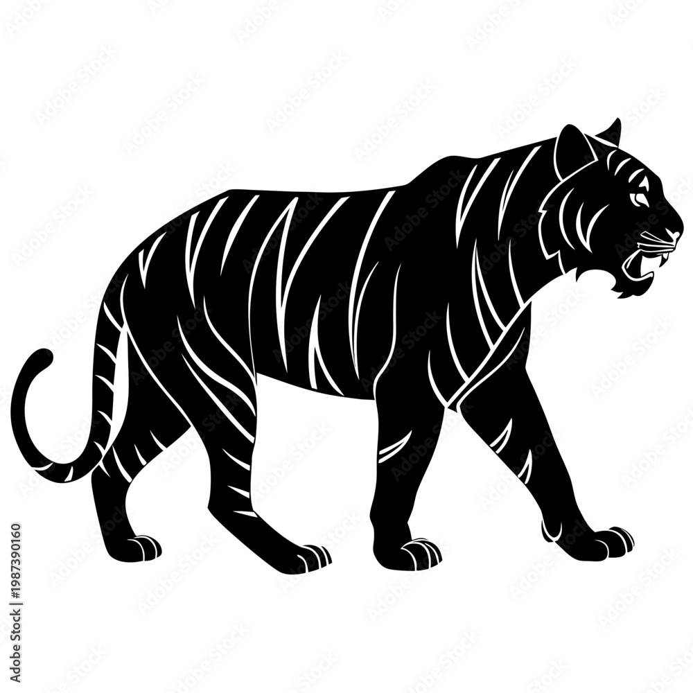 Fototapeta premium A striking black and white illustration depicts a powerful tiger in a dynamic prowling stance showcasing its majestic form high quality professional