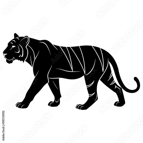 A striking silhouette of a tiger is presented in a side profile showcasing its powerful musculature and distinctive striped pattern high quality